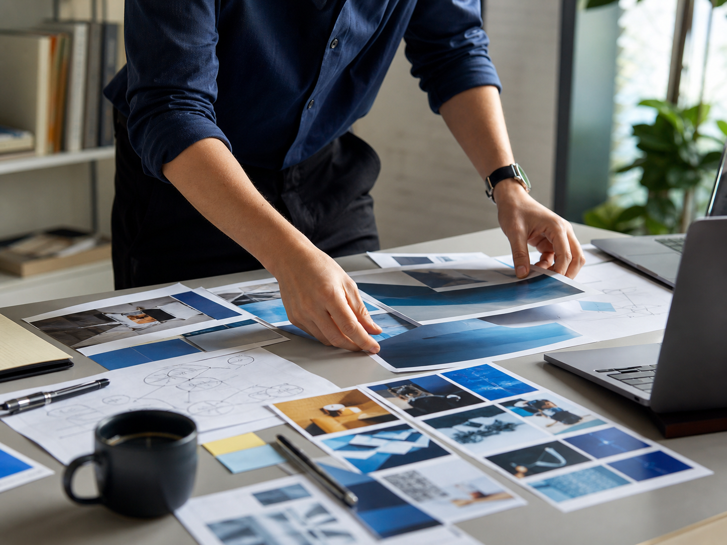 Campaign strategist arranging creative concepts and a media plan